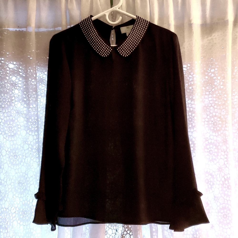 CeCe Black Long Sleeve Top with Studded Collar
